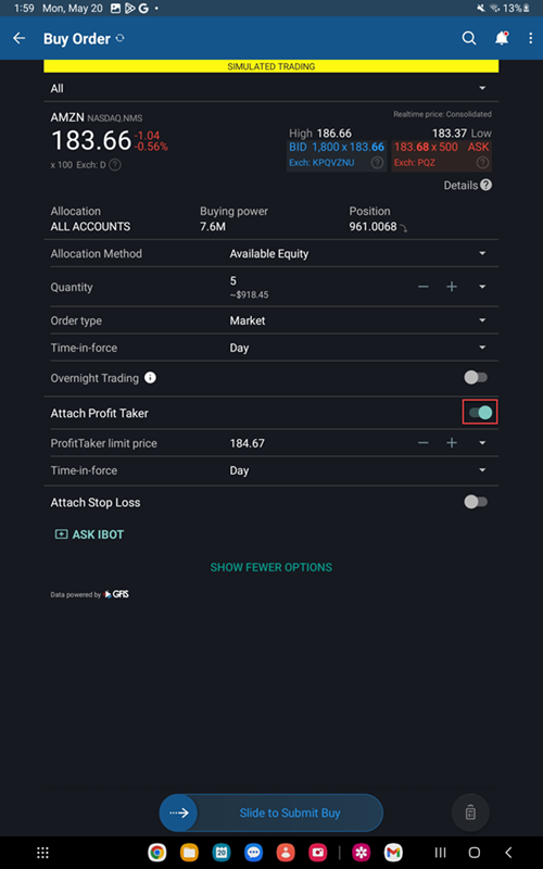 The profit taker option on the Android Tablet